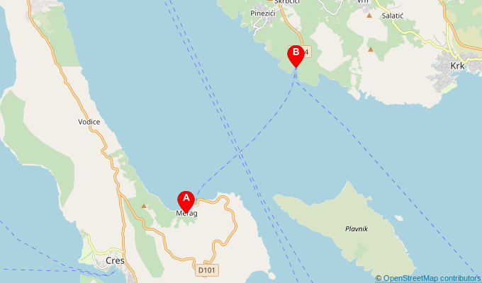Map of ferry route between Merag (Cres) and Valbiska